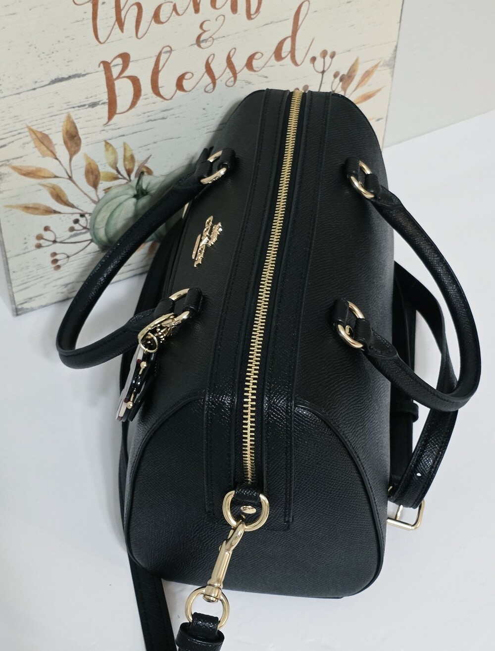 Coach Rowan BLACK Gold Medium Crossbody Bag Crossgrain Leather Shoulder Purse π - Picture 4 of 15